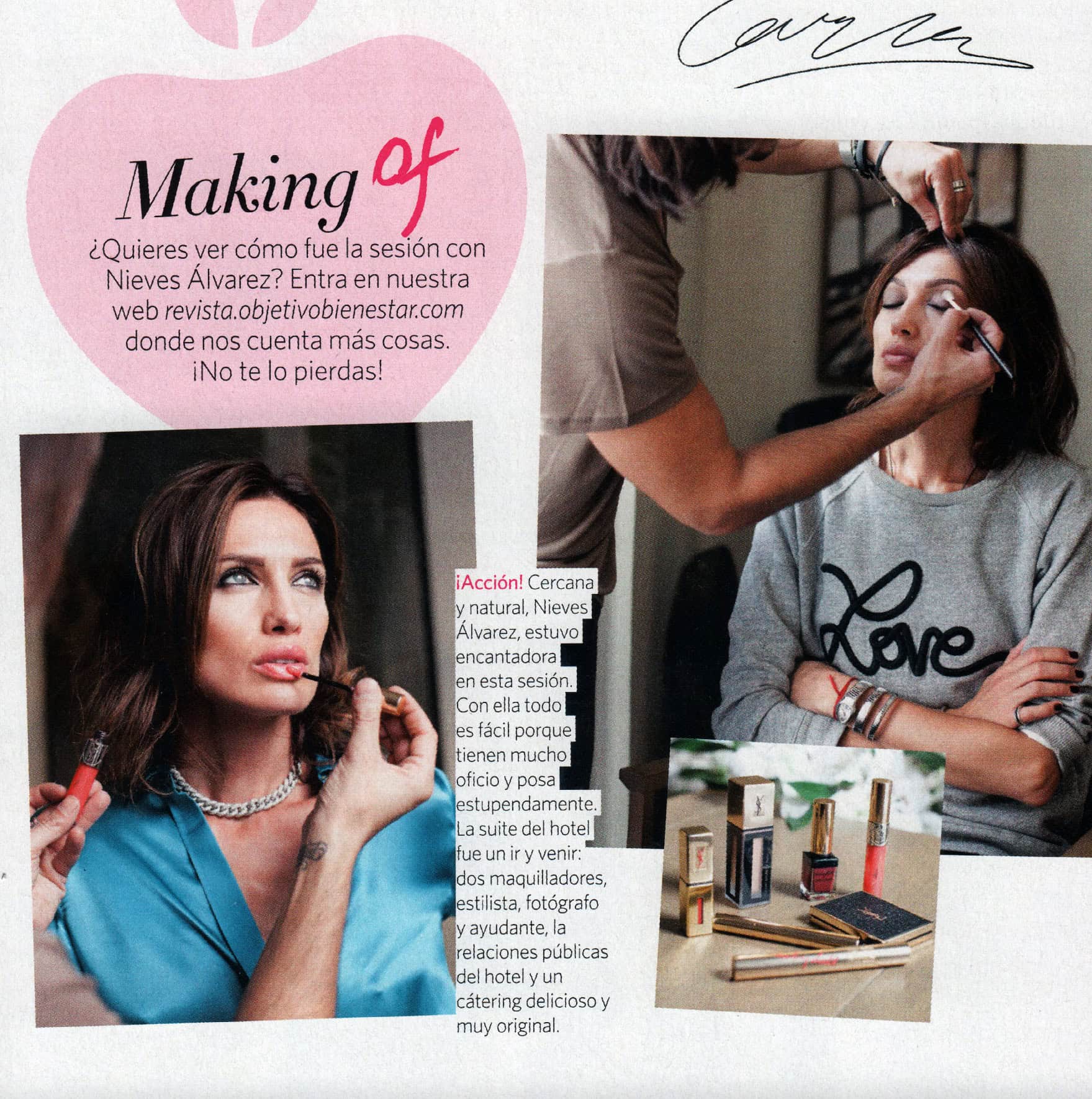 Maquillaje de Nieves Alvarez en sesión de belleza para revista, mostrando un look natural y elegante.